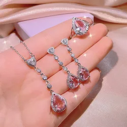 925 silver high quality pink diamond drop-shaped pendant earrings ring female color treasure three-piece set party birthday gift