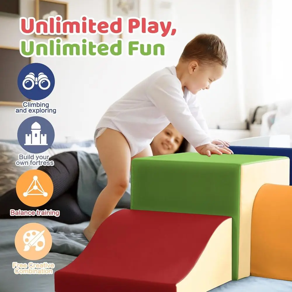 Conjunto de ginástica Soft Play para crianças: blocos de escalada de 4 peças com escorregador, escadas e túnel