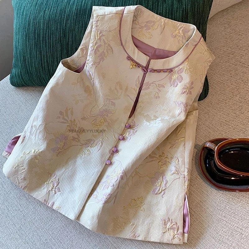 

Китайский традиционный топ в восточном стиле, жилет Cheongsam для женщин, осенний новый жаккардовый костюм в стиле ретро без рукавов Тан, повседневный повседневный топ