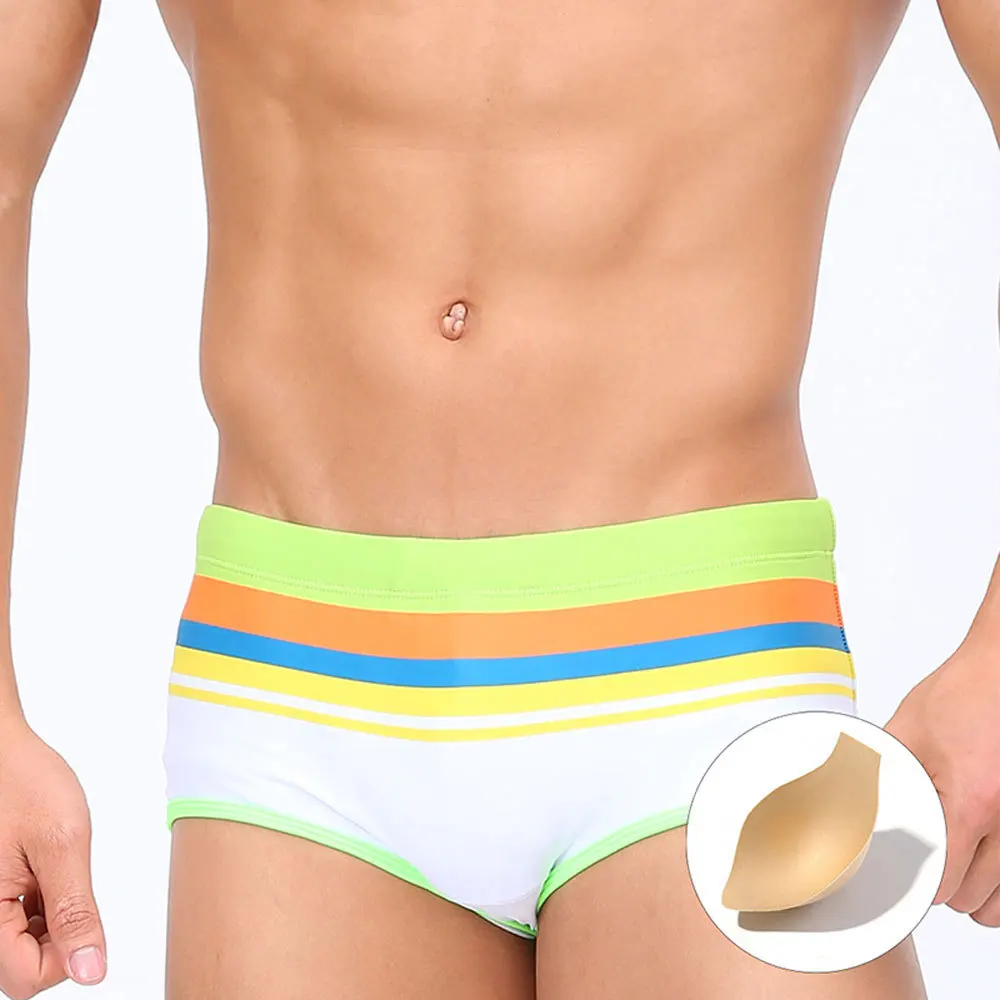 

Men's sexy stripe printed cup boxers tethered quick-drying elastic swimming trunks