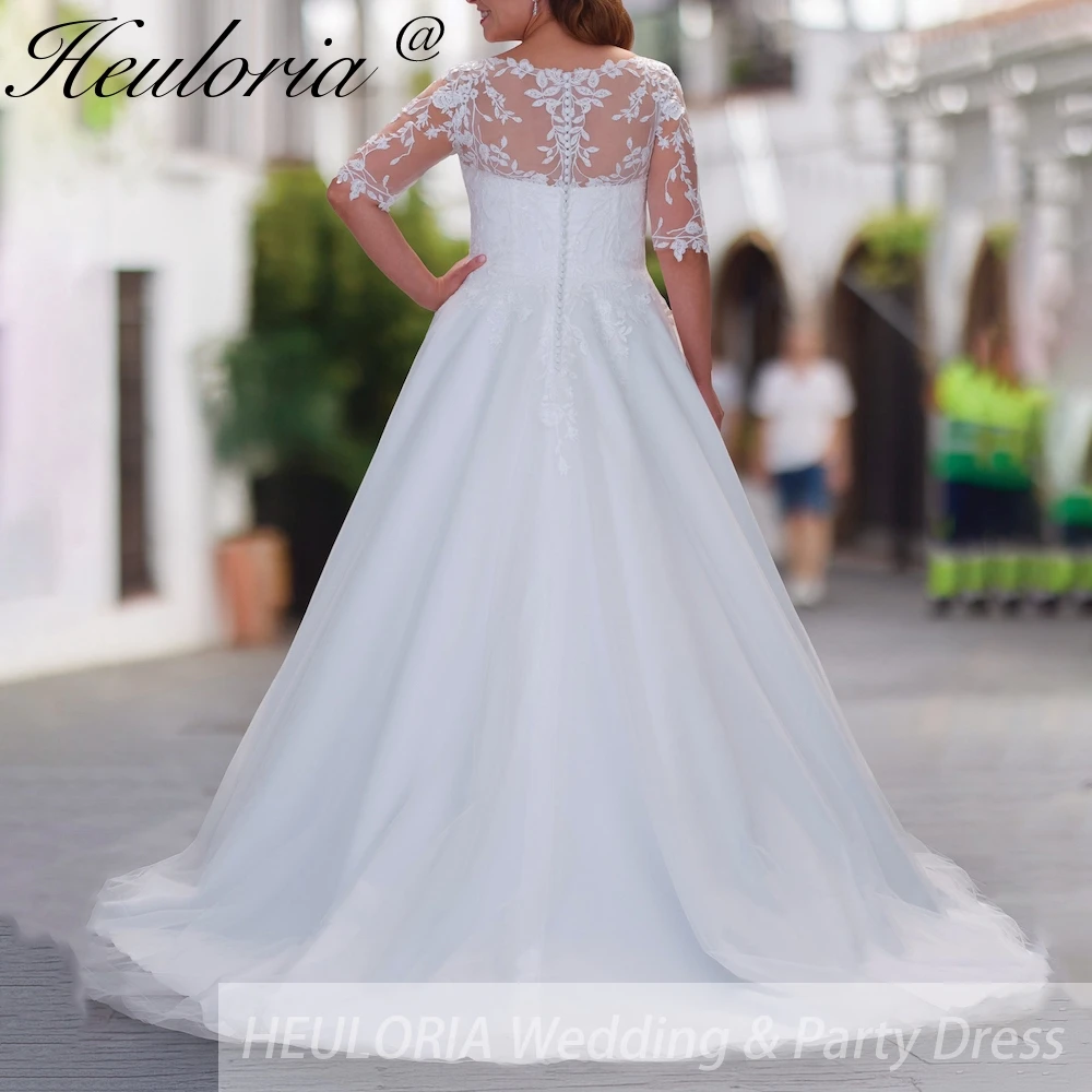 Gaun pengantin ukuran besar HEULORIA, model V-neck, lengan setengah, renda, rok organza, model A-line, Robe De Mariee.