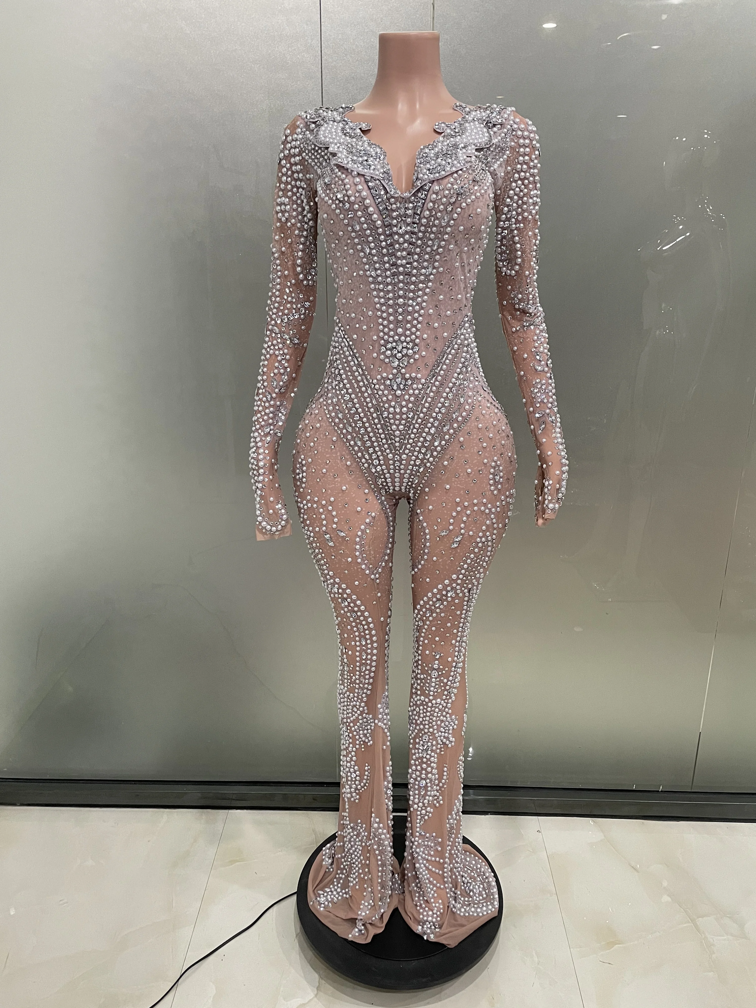 Sexy Sparkly Golden Crystals See Through Bodysuit Women Nightclub Birthday Party Club Dance Costume jumpsuit Show Stage Outfit