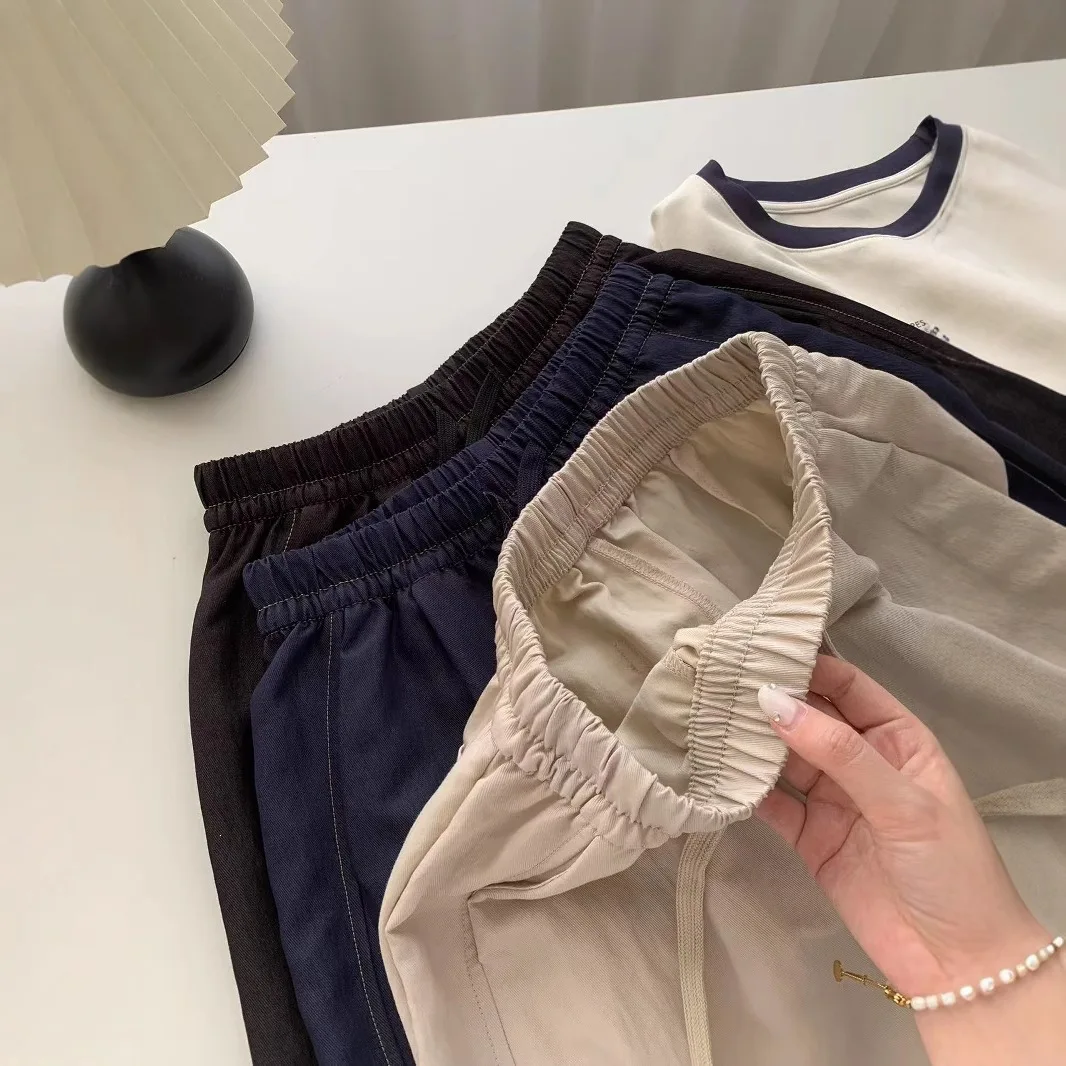 Summer Thin High Waist Shorts for Women Korean Style Retro Bright Thread Design Wide Leg Shorts New Lace Up Casual Shorts