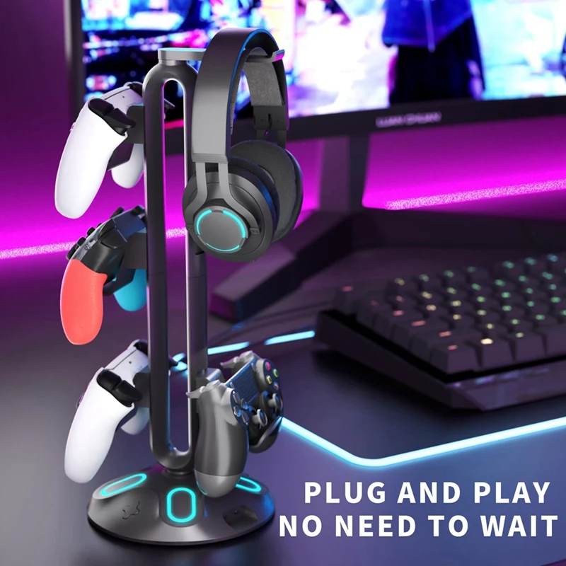 Gaming RGB Headphone Stand Controller Holder Headset Stand With 2 USB Charging Ports And 3.5Mm & Type-C