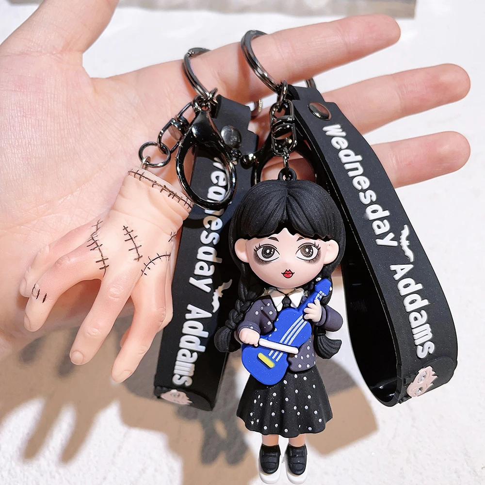 Horror Wednesday Addams Silicone Keychain Toy Thing Hand Home Decor Keychain Doll Schoolbag Pendant Halloween Toy Costume Props