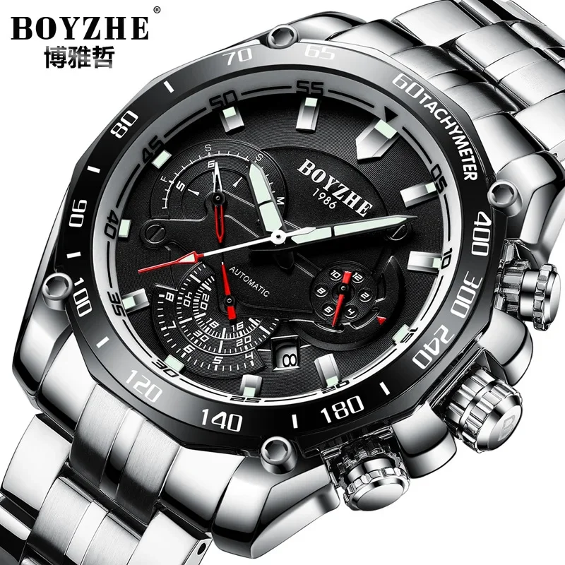 BOYZHE Men Automatic Mechanical Watches Multifunction Calendar Week Month Diaplay Luminous Hands Waterproof Sport Watch for Men