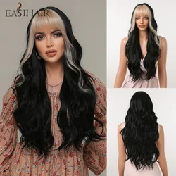 EASIHAIR Black Synthetic Wig with Blonde Bangs Long Wavy Highlight Wig Cosplay Party Daily Fake Hair for Women Heat Resistant