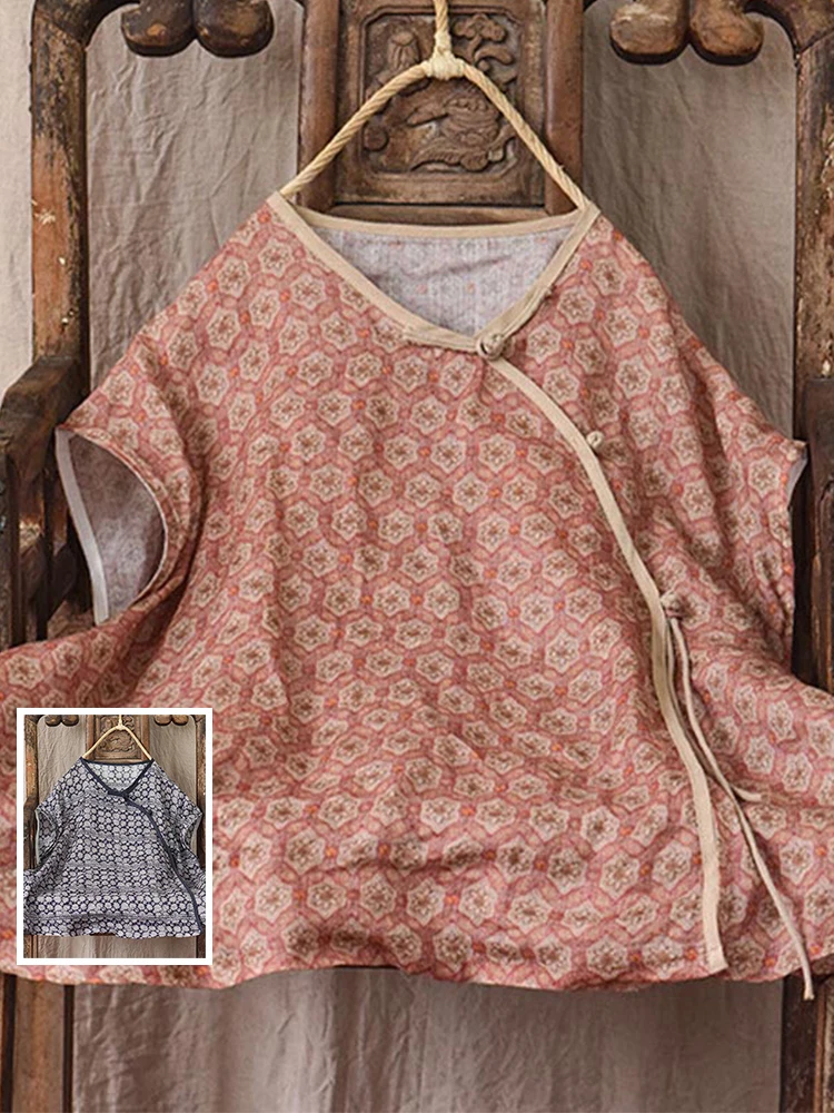 

Китайский свободный крой в стиле ретро для похудения с принтом конопли, большой размер, женский повседневный тонкий топ для чайных сервизов в стиле дзен