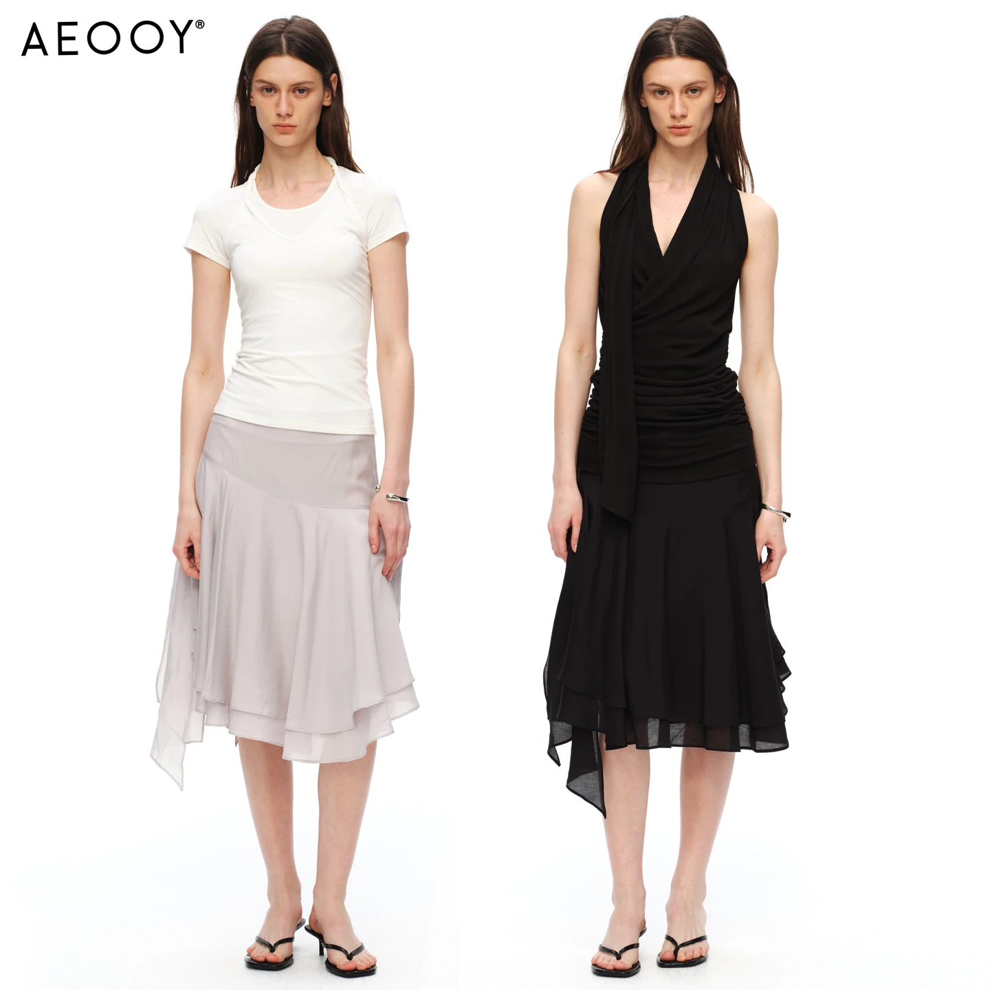 AEOOY Women's Asymmetric Double-Layer Draped Midi Skirt High-Waist Minimalist Flowy Skirt with Fluid Hem Design
