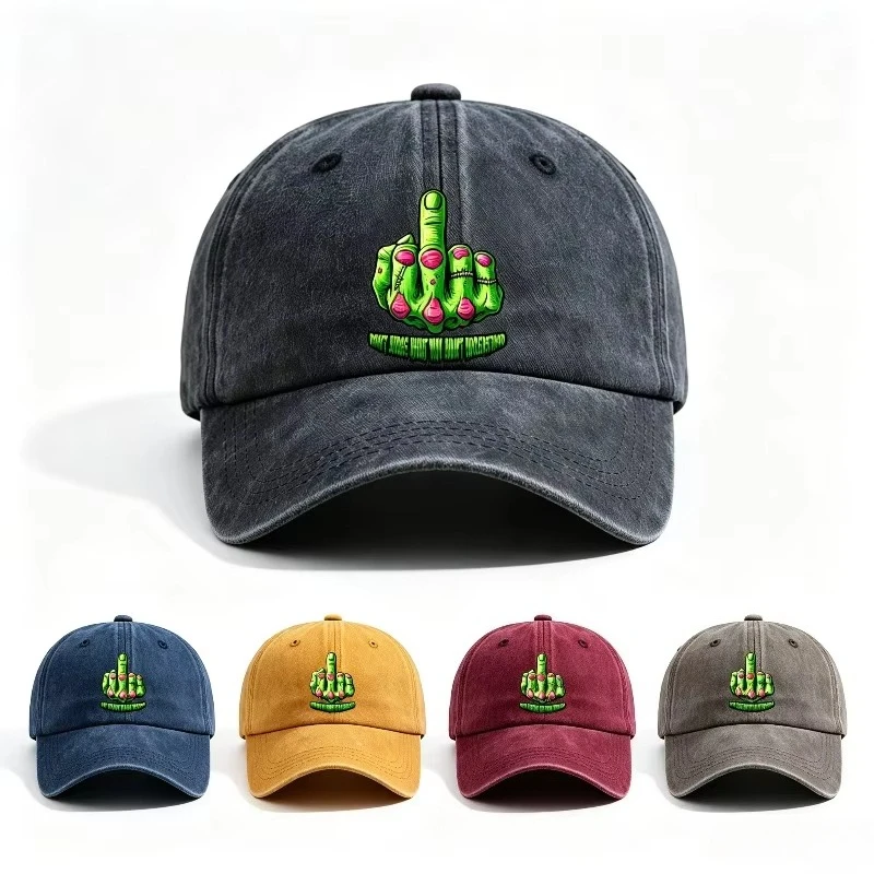 Unisex Washed Baseball Hat Zombie Middle‑Finger PrintAdjustable Back Strap Casual Headwear for Halloween Costume Street Outfit