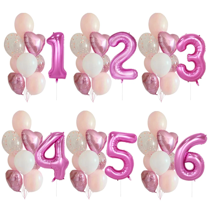 8Pcs 40inch Number Foil Balloons Pink Heart White Confetti Latex Ballons 18 20 30 40th Birthday Party Decorations Baby Shower