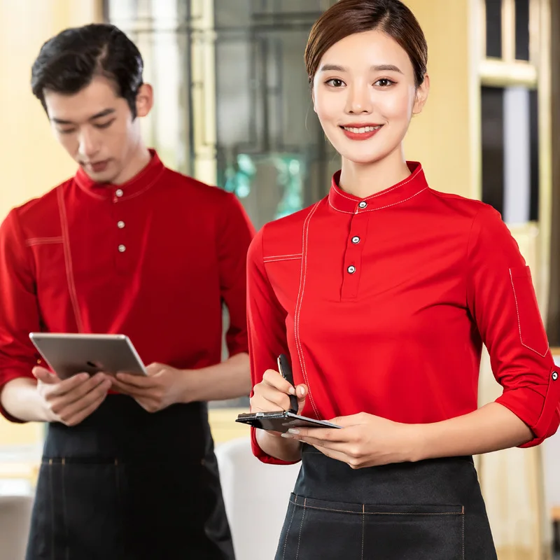 Hotel Work Clothes Long-Sleeved T-shirt Catering Waiter Hot Pot Restaurant Enterprise Group Print and Embroidery Workwear Wholes