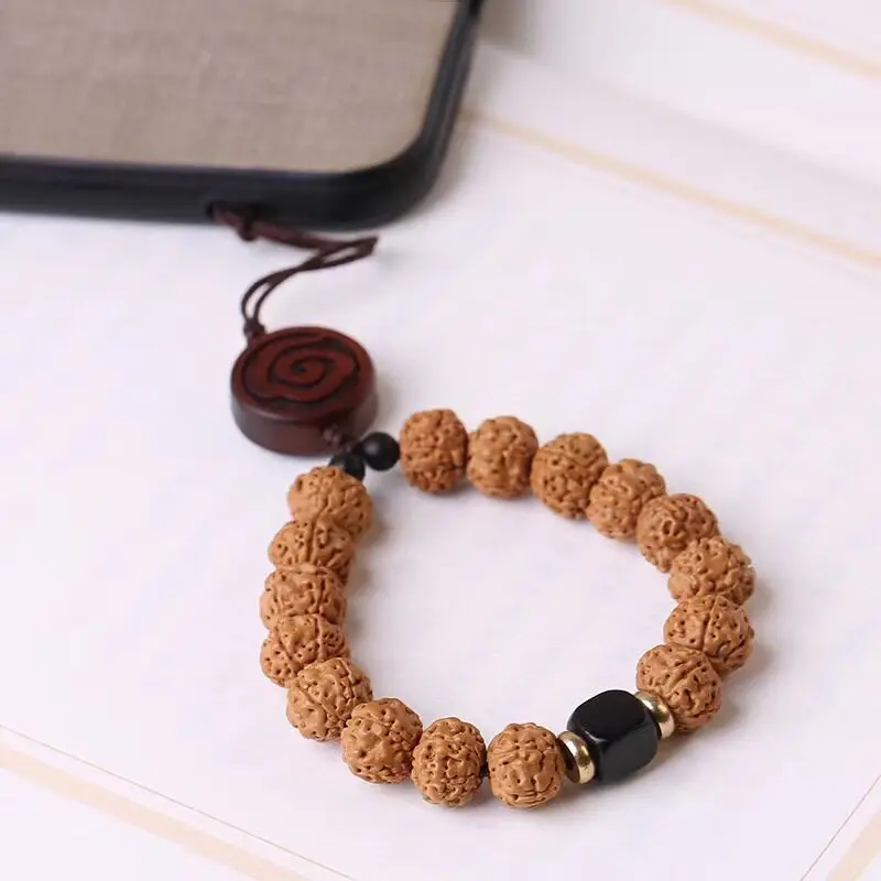 Nepalese Full Meat Small Rudraksha Phone Chain Buddhist Prayer Beads Keychain Pendant Fidget Toy for Men and Women Gifts