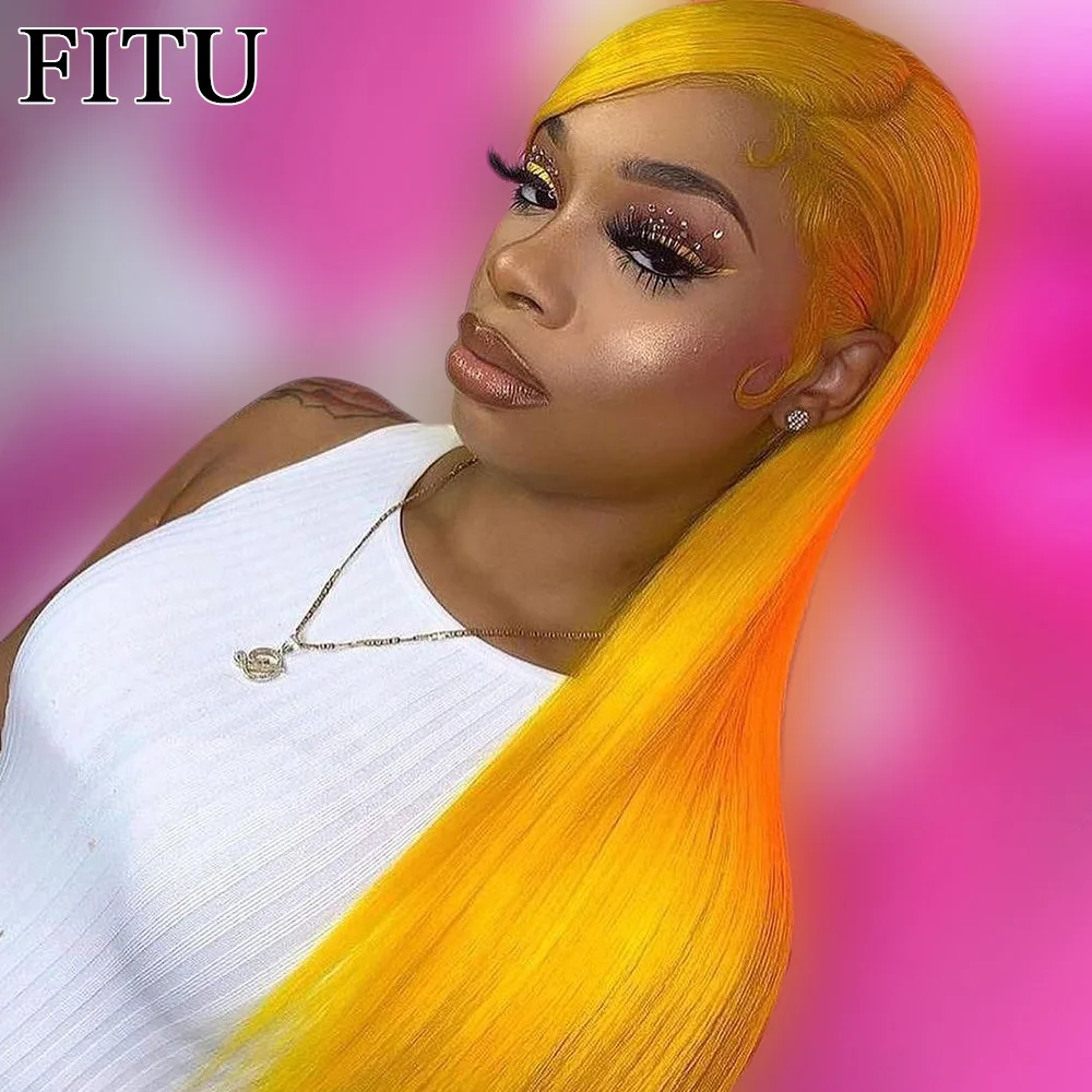 

FITU Yellow Transparent 13x6 13x4 Lace Frontal Human Hair Wig 613 Colored Plucked With Baby Hair 5x5 Lace Closure Wig