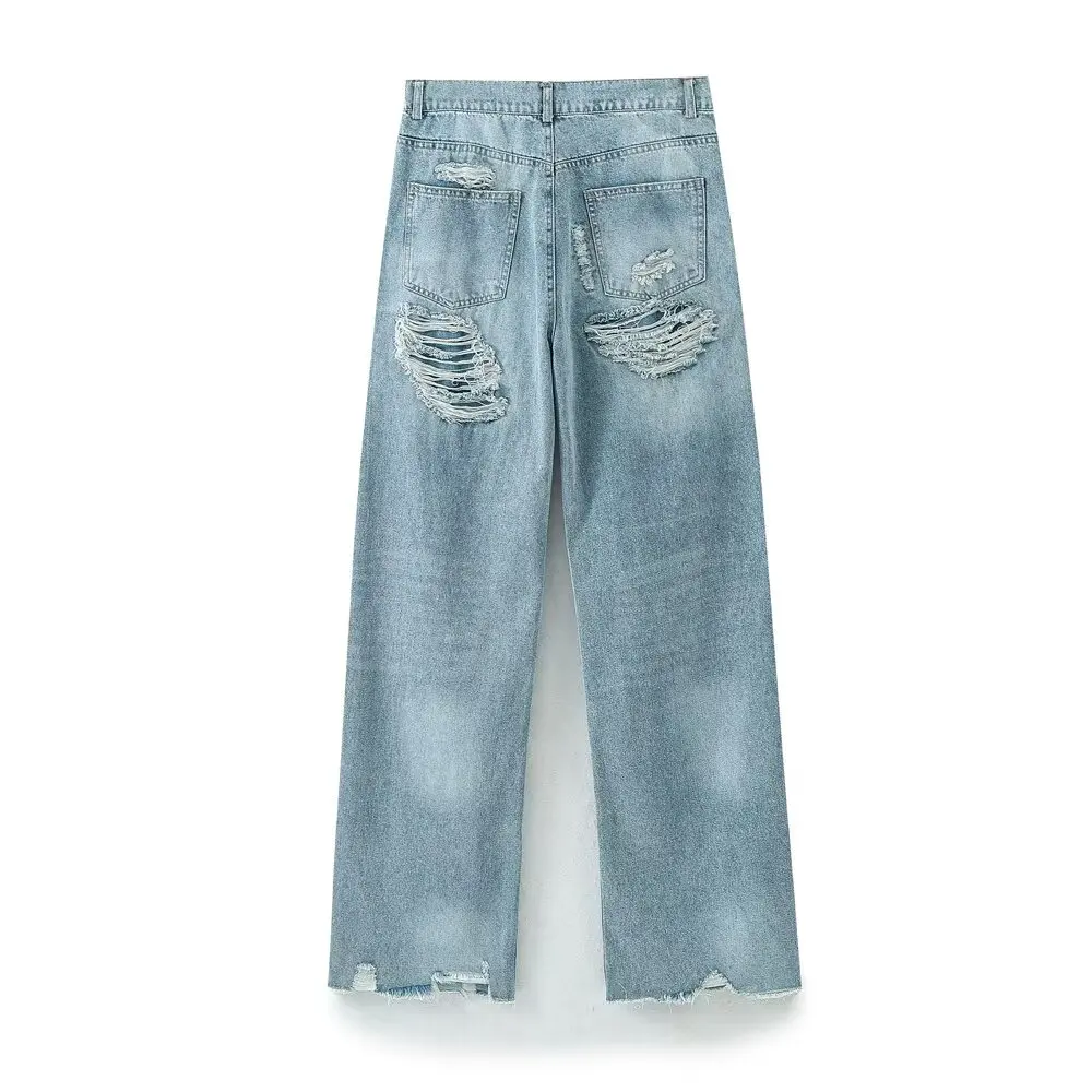 Damen neue schicke lässige Mode Loch weites Bein Jeans Retro hohe Taille Reiß verschluss fliegende Frauen Knöchel Jeans hose Mujer