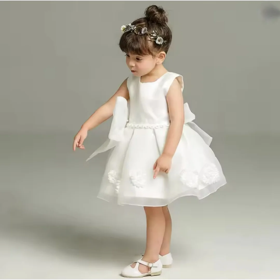 White Satin Baby Flower Girl Dress Sleeveless 3D Floral Big Bow Short Puffy Skirt Toddler Wedding Baptism Princess Gown