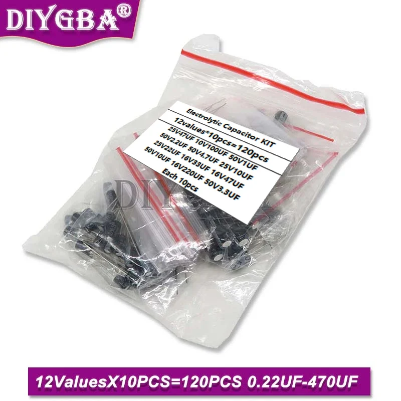 12ValuesX10PCS=120PCS 0.22UF-470UF Aluminum Electrolytic Capacitor  Component Diy Assortment Kit IBUW