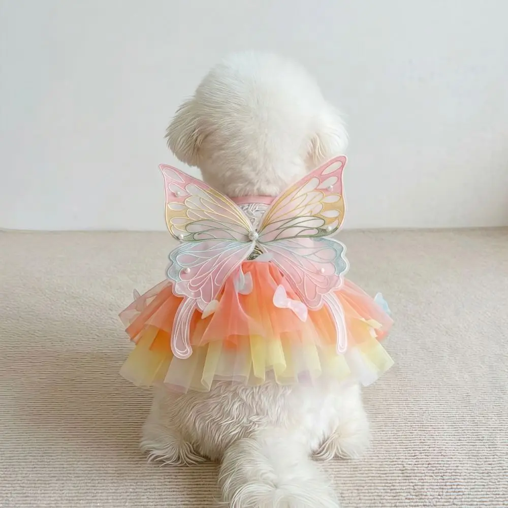 Cute Rainbow Butterfly Cat Dog Dresses Tulle Breathable Tutu Princess Dress Lightweight Lace Pet Sling Dress For Kitten Puppie