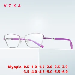 VCKA Anti Blue Light Small Square Myopia Glasses Frame Alloy Women Optics Prescription Discoloration Fashion Eyewear -0.50 TO-10