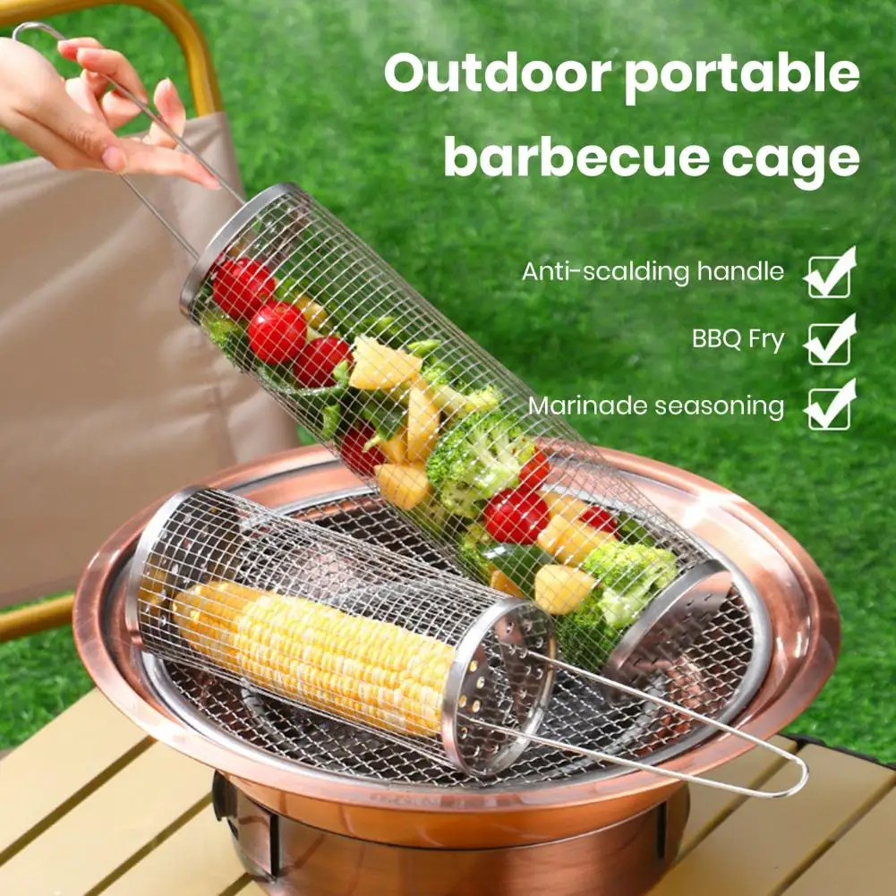 Outdoor BBQ Cage Stainless Steel Wire Neat Mesh Grill Non-sticky Long Handle Evenly Heated Rolling Grill Basket BBQ Mesh Net