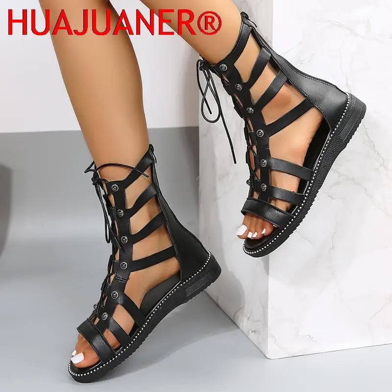 HUAJUANER Fashion Cross Strap Summer Boots Women 2024 Open Toe Hollow Out Gladiator Shoes Woman Back Zipper Cool Boots Ladies