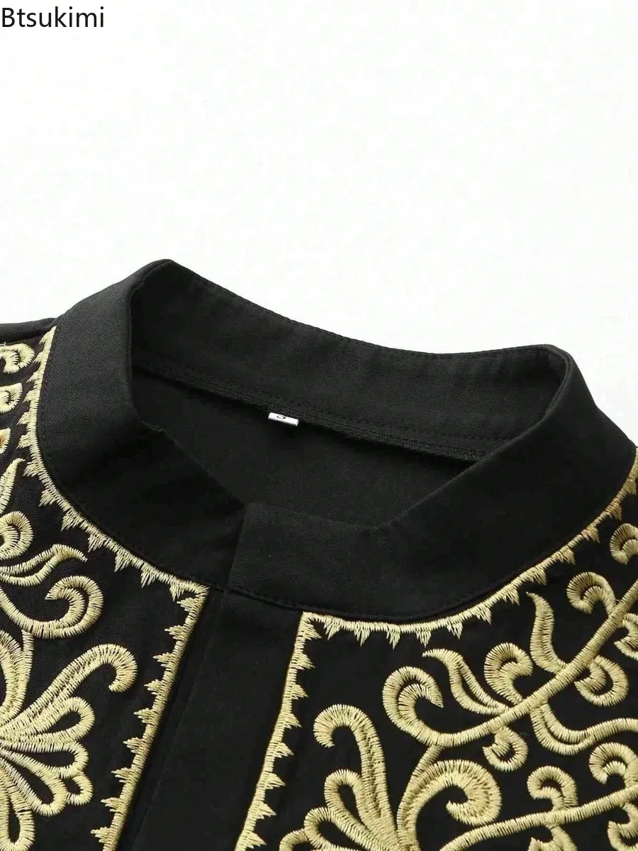 Pakaian Pria Muslim Timur Tengah, Busana Muslim Abaya Lengan Panjang Bersulam, Jubah Longgar Kerah Tegak, Gaya Etnik Jubba Thobe Pria