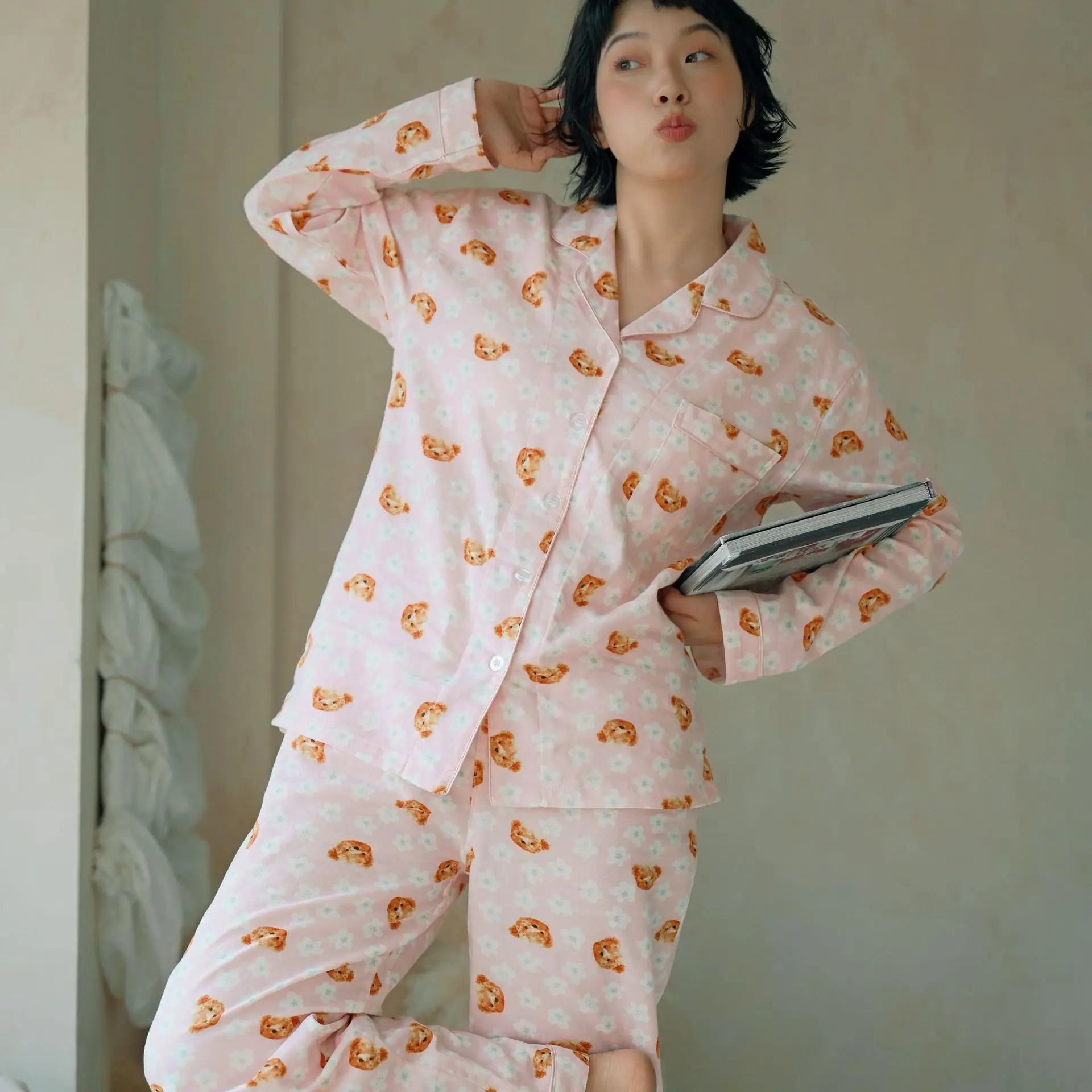 spring-new-style-japanese-sweet-lady's-nightgown-pure-cotton-gauze-thin-collar-home-clothes-lightweight-breathable-sleepwear