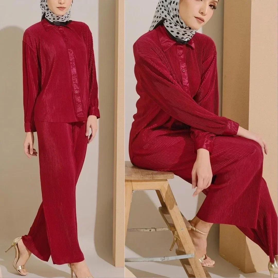 مجموعات مسلم موضة مطوي فضفاض السراويل الملايوية الاندونيسية الصلبة طويلة الأكمام رفض طوق القمم + بانت عادية قطعتين مجموعة