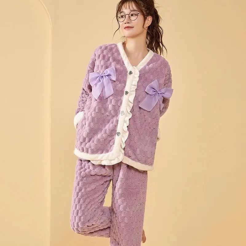 Autumn Winter Kawaii Cartoon Pajama Sets Women Pyjamas Flannel Loung Sleepwear Pajamas Girl Pijama Mujer NightSuits Homewear