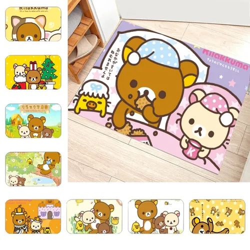 Rilakkuma 바닥 매트, 그래픽 인쇄 플란넬 도어 매트, 욕실 주방 입구 카펫, 홈 데코
