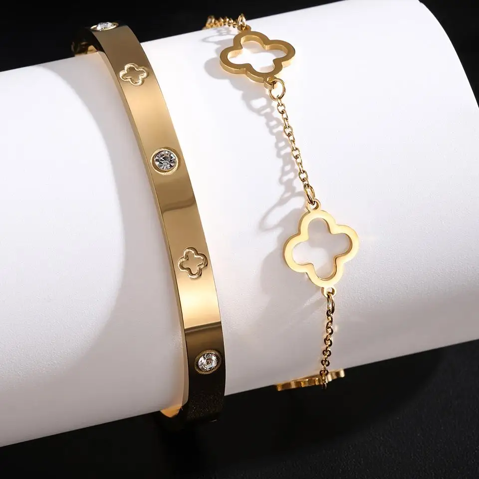 Conjunto de pulsera de trébol de la suerte y corazón para mujer, abalorio de circón brillante de acero inoxidable, regalo de joyas de fiesta, 2 uds.