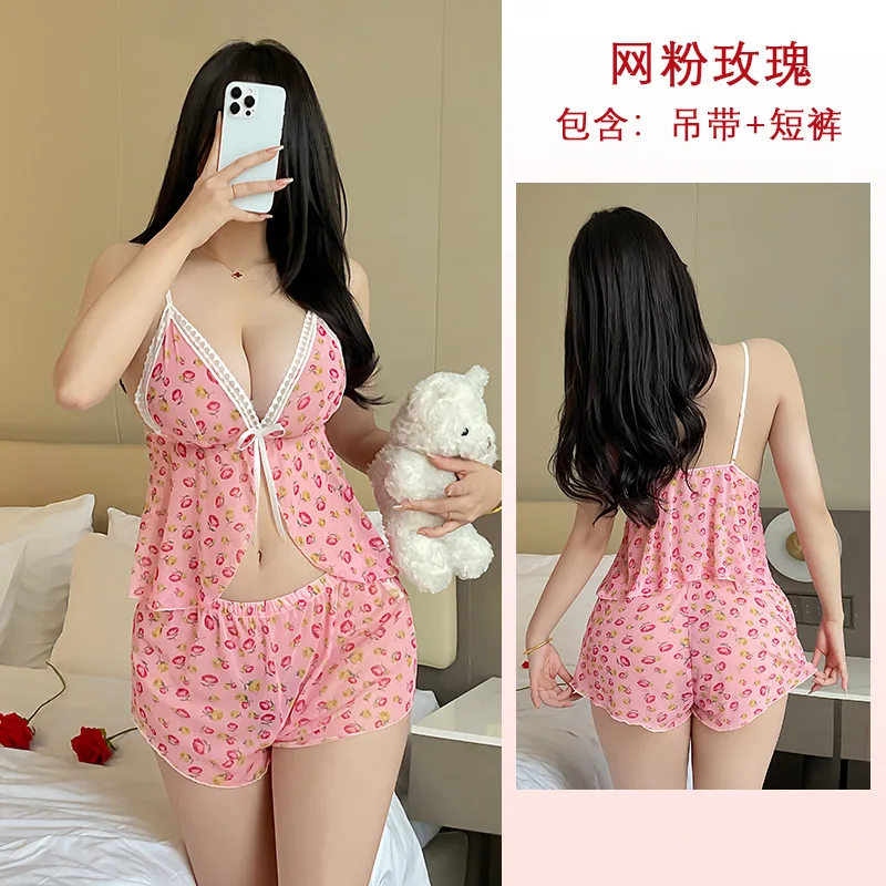 인터넷 셀럽 스타일 섹시 란제리 로즈 플로럴 탑 숏츠 투피스 세트 핑크 메쉬 레이스 브이넥 플레이풀 세트