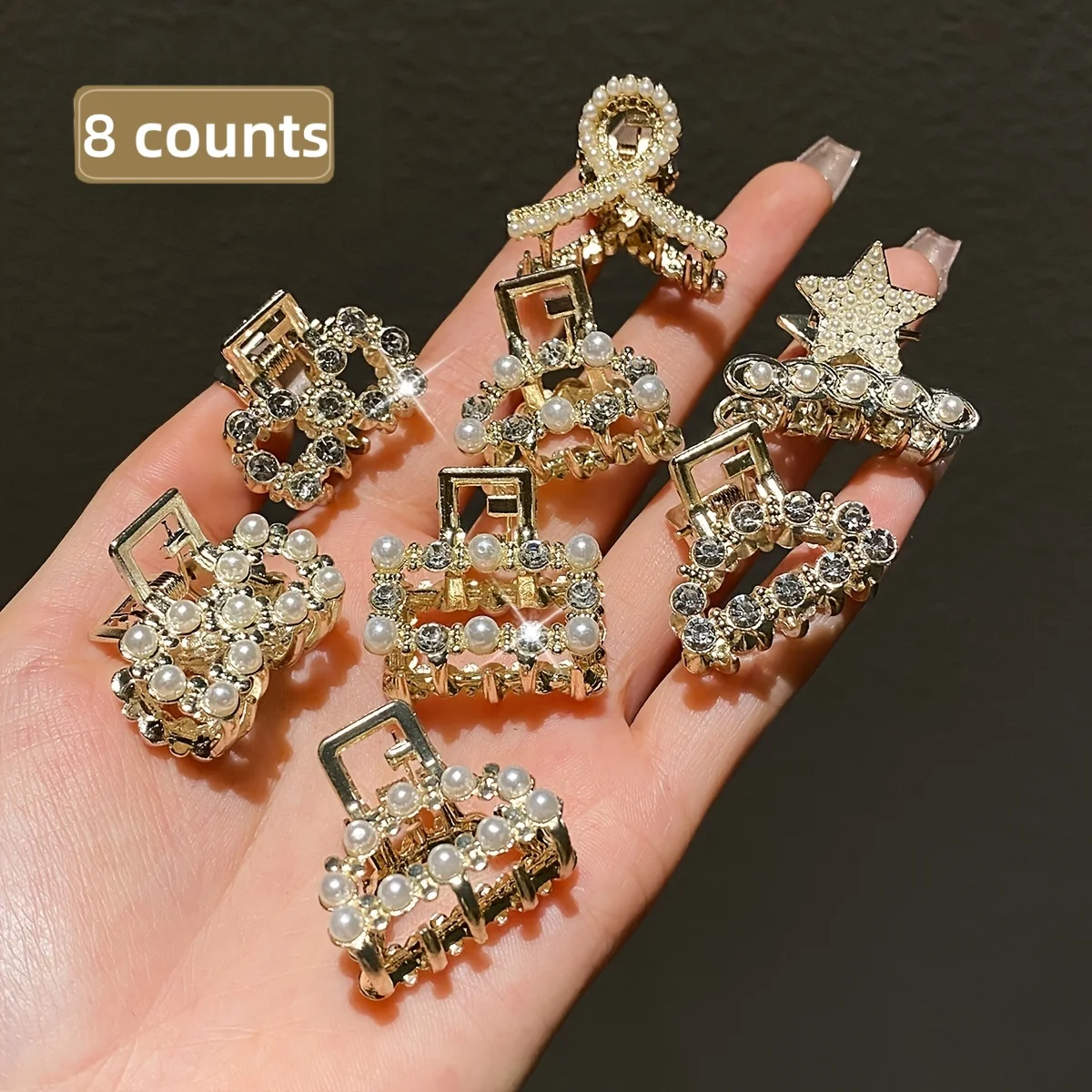 Conjunto de 8 presilhas de cabelo femininas, requintadas e deslumbrantes, com pérolas de imitação e diamantes incrustados, em diversos estilos._voghion.com