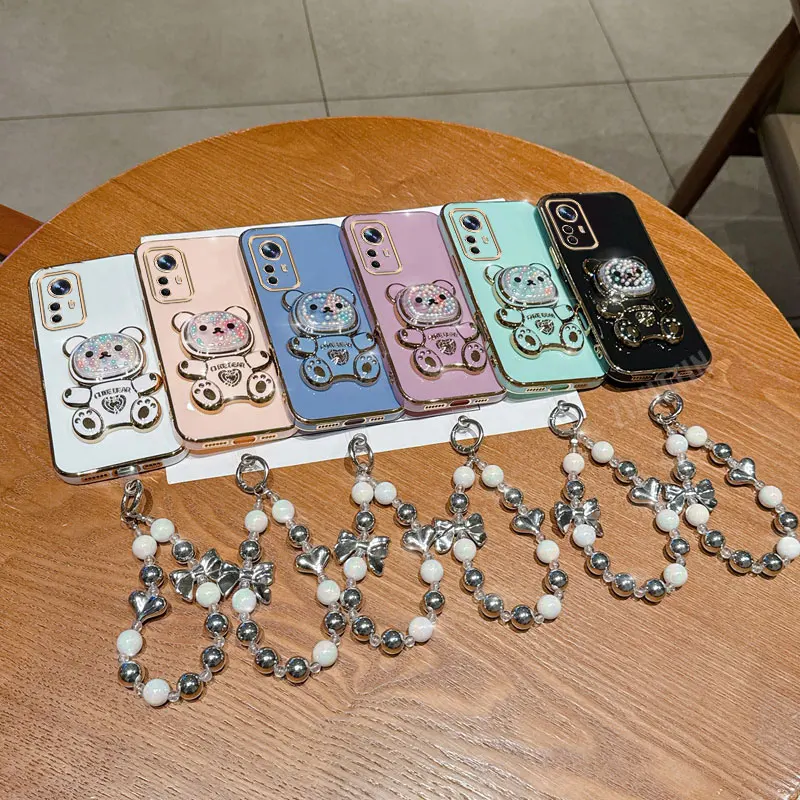 High Jewelry Pearl Bear Phone Holder Case For Xiaomi Mi 11 11T 12 12s Pro 12x 13 14 14T 15 Pro Lite Anti-knock Stand Back Cover