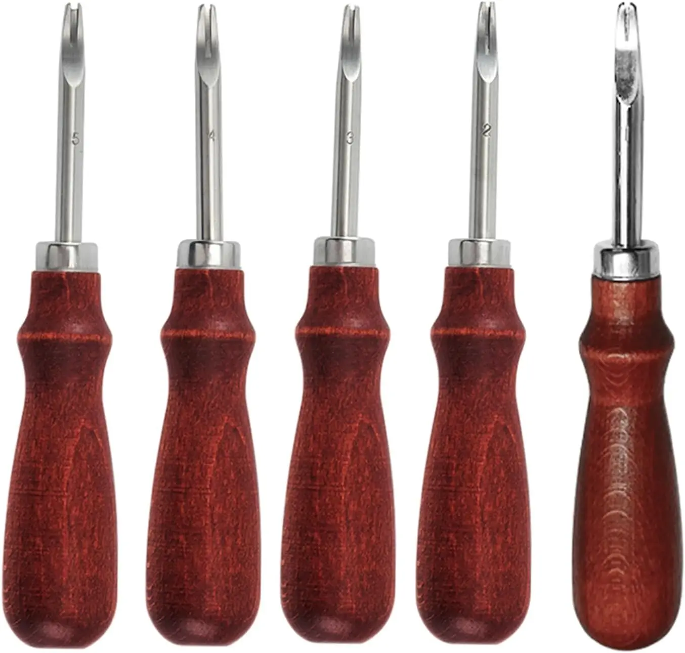 

5-Piece Leather Edge Beveler Set, French Beveler, Wide Mouth Skiving Tool with Wooden Handle (0.8-1.6mm)
