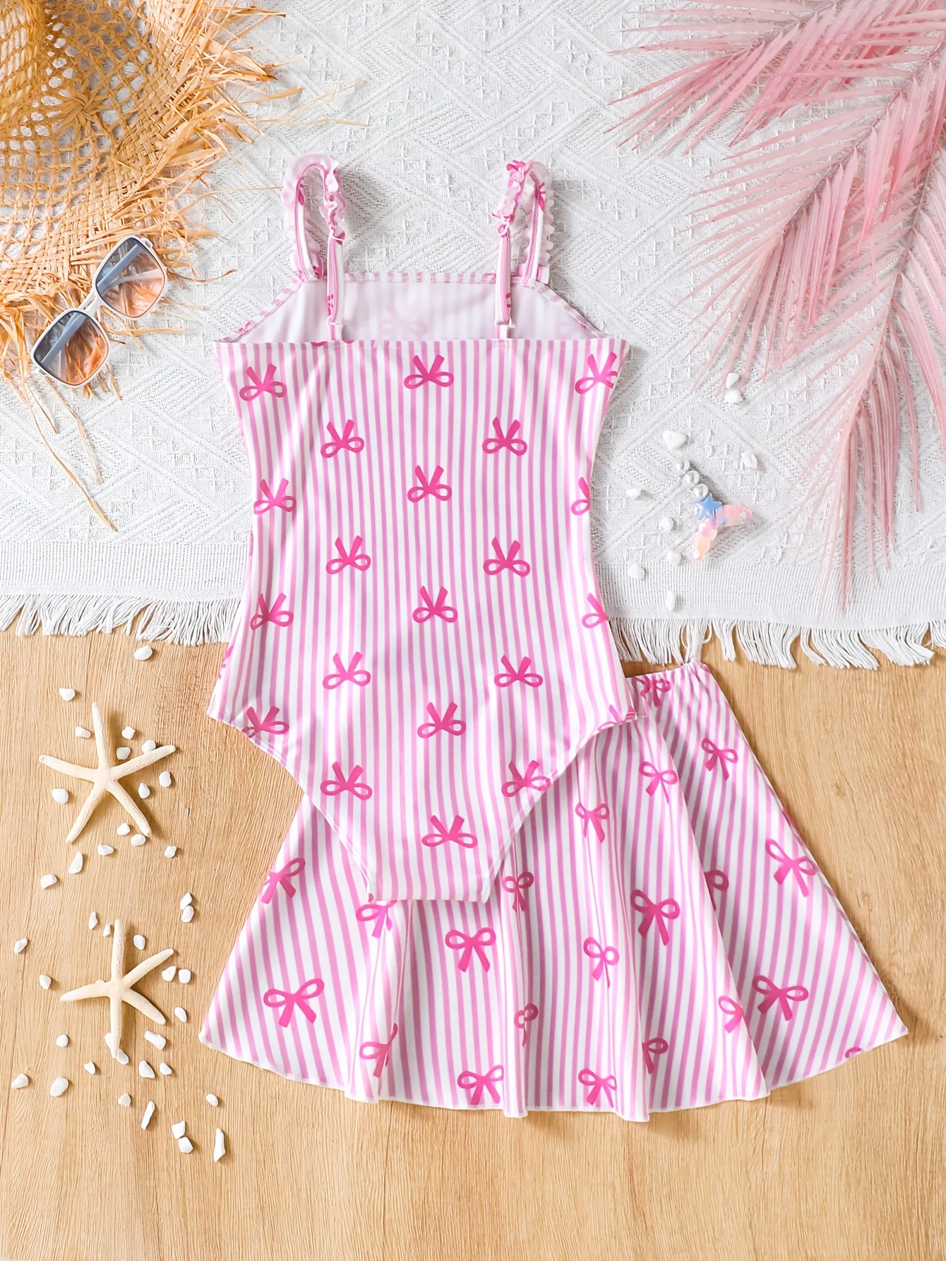 Girls' Summer Casual Swimwear, Children's Pink Bow Print Swimsuit Set, Girls' Strapless One-Piece Swimsuit + Skirt Two-Piece Set, Suitable for Home Leisure, Swimming Pool, Seaside, Beach, Versatile Clothing