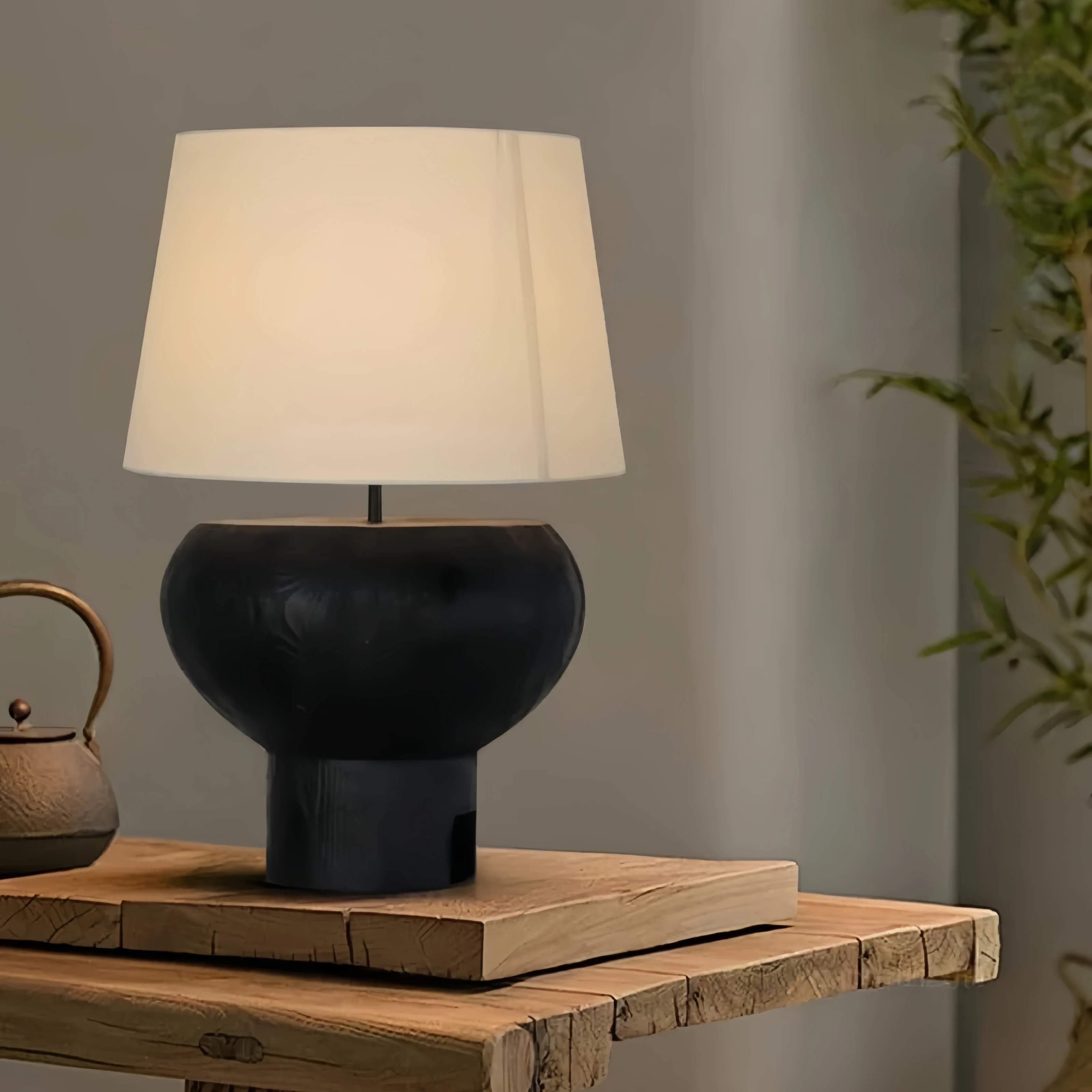 Wooden Handmade Engraved Art Table Lamp With Fabric Lampshade Wabi-Sabi Modern Bedside Desk Lamp For Living Room Bedroom