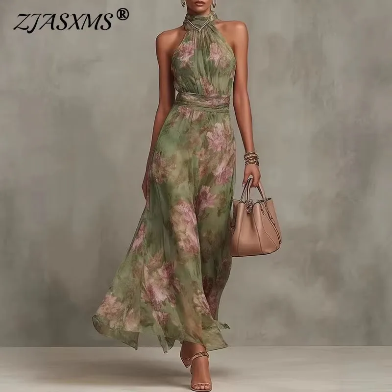Elegantes Neckholder-Kleid mit Schulterausschnitt und Ausschnitten, Damen-Partykleid, Frühlingskleid mit Blumenmuster, langes Chiffonkleid, ärmelloses Boho-Sommerkleid für den Strand