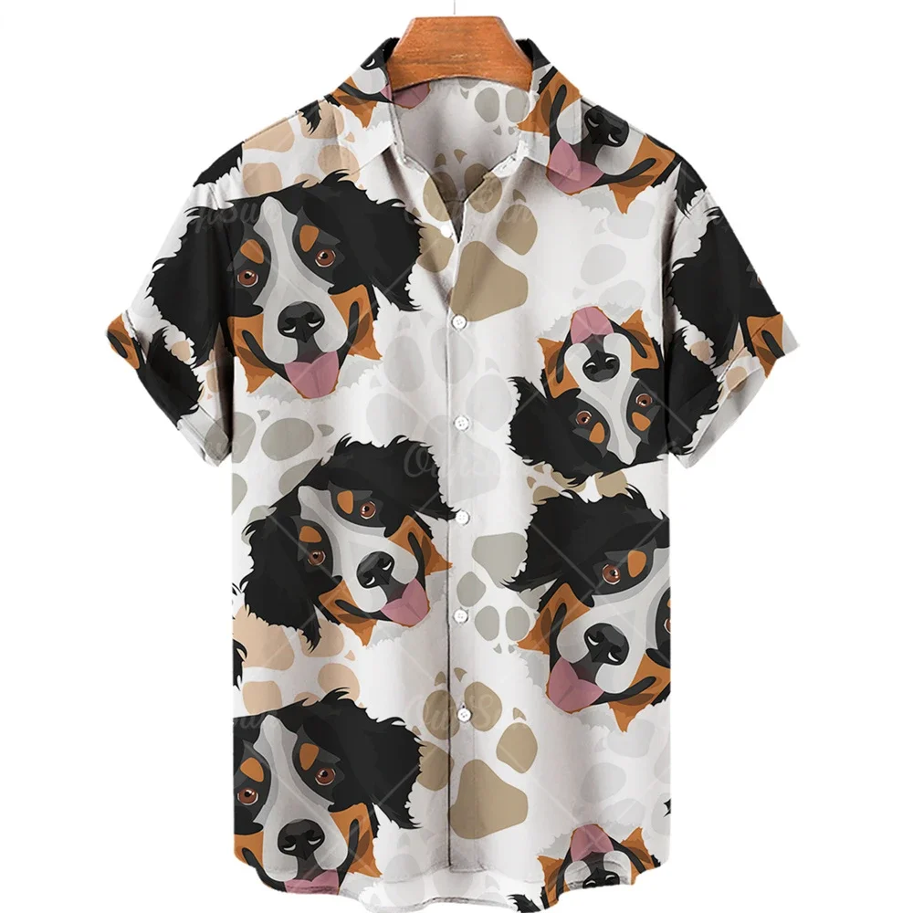 Camisa con estampado de León y sabueso para hombre, camisa de manga corta con estampado de perro lindo, solapa abierta, Top de tela cómoda