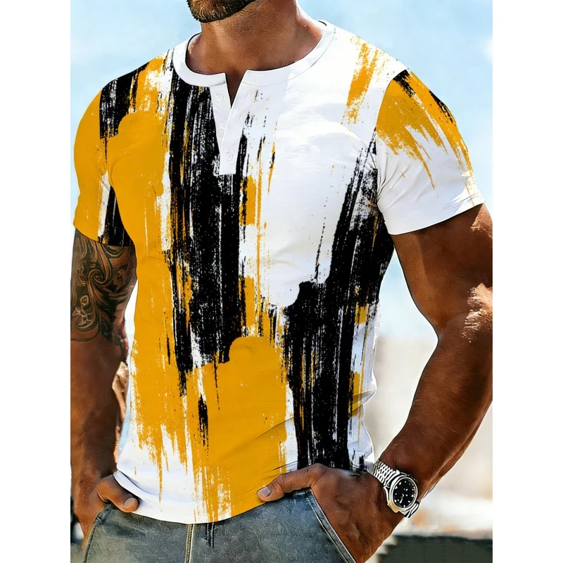 

Star Stripe Pattern Grandpa Shirt For Men Geometry 3D Printed T-Shirts Summer Street Short Sleeve Tees Stand Collar Polo Shirts