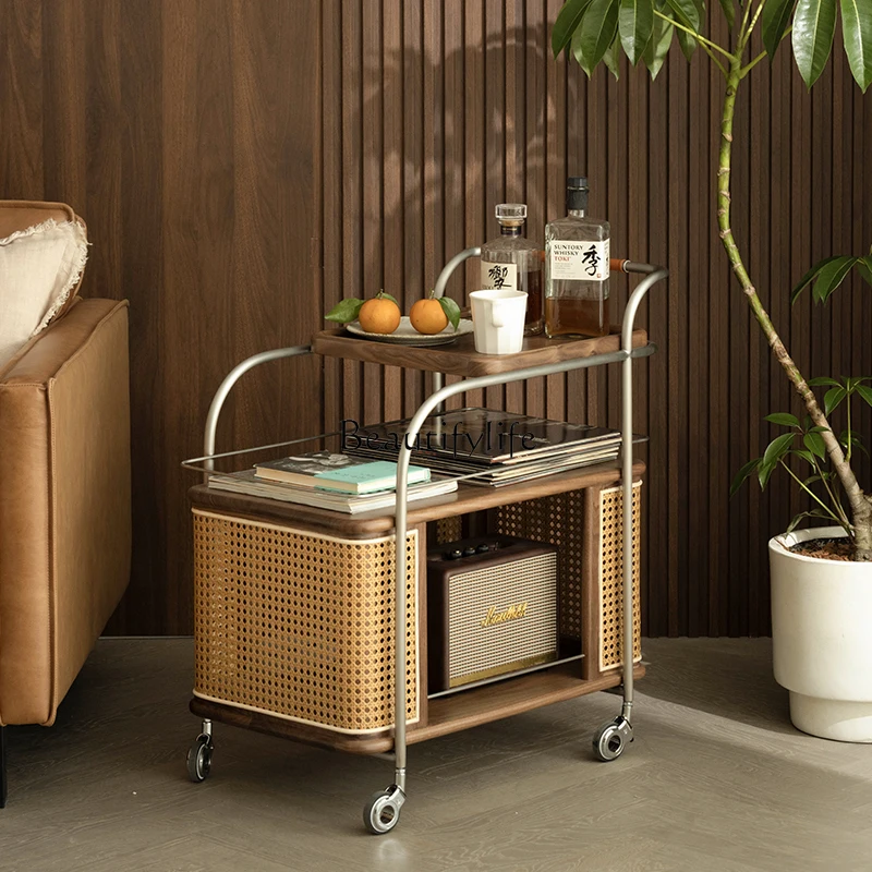 

Black walnut solid wood sofa side cabinet Nordic simple metal retro movable trolley side few