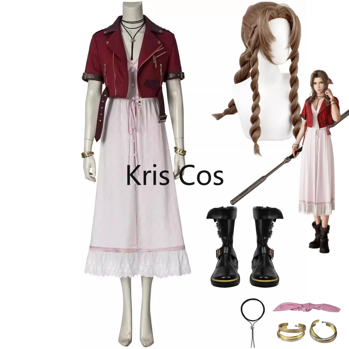 Anime Game FFinal Fantasy VII Remake Aerith Gainsborough Cosplay Costume Wig Red Coat Dress Shoes Woman Sexy Carnival Party Suit