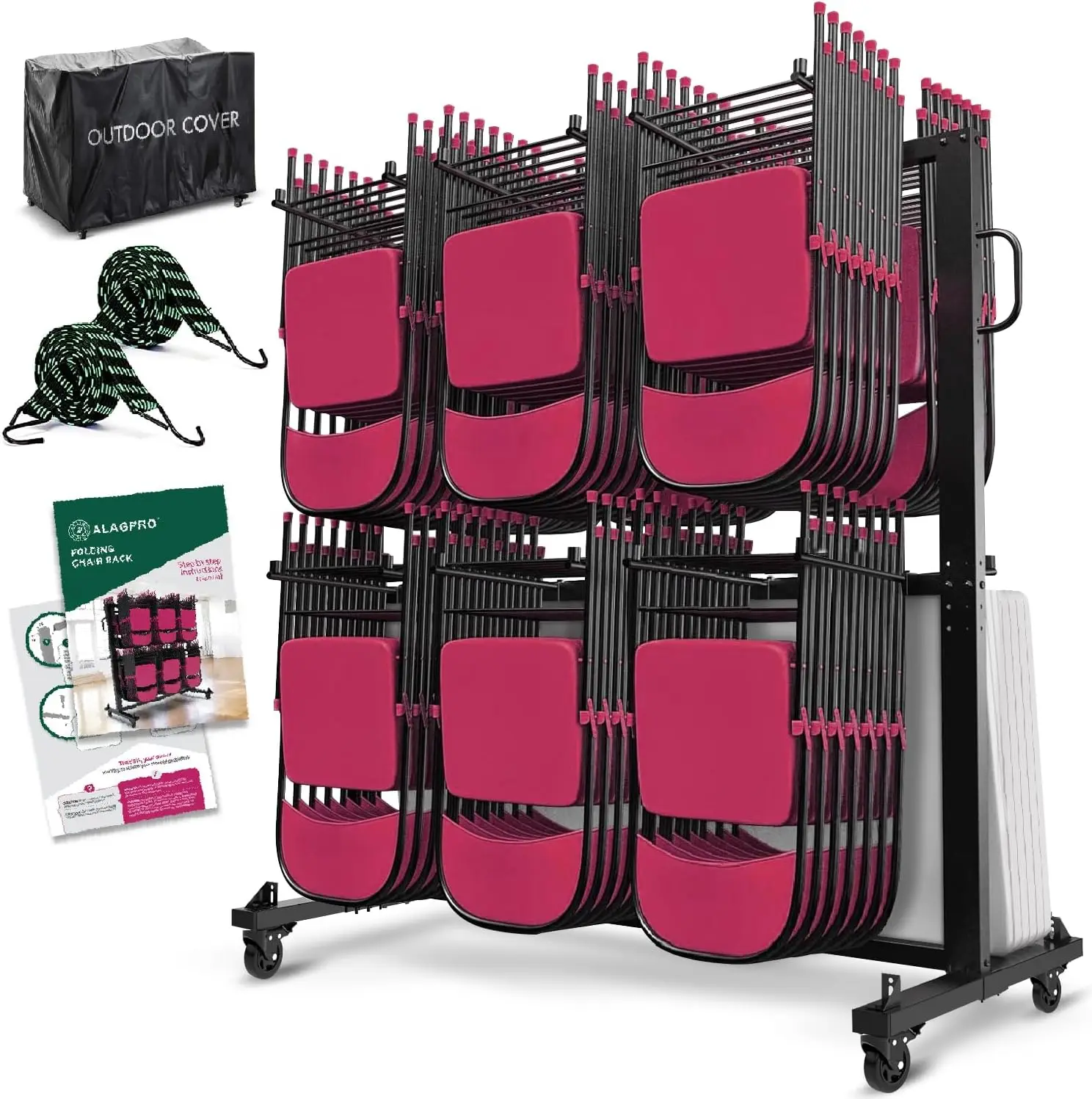 Folding Chair Rack - Folding Chair Cart | Folding Chair Storage Rack On Wheels - Foldable Chair Holder And Table - Heavy Duty