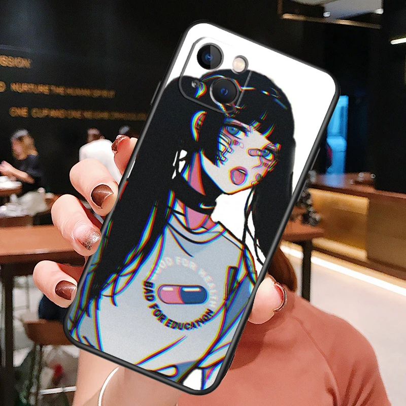 Vaporwave Aesthetic Sad Anime Phone Case For iPhone XR X XS Max 11 12 13 14 15 16 Pro Max Plus Back Cover