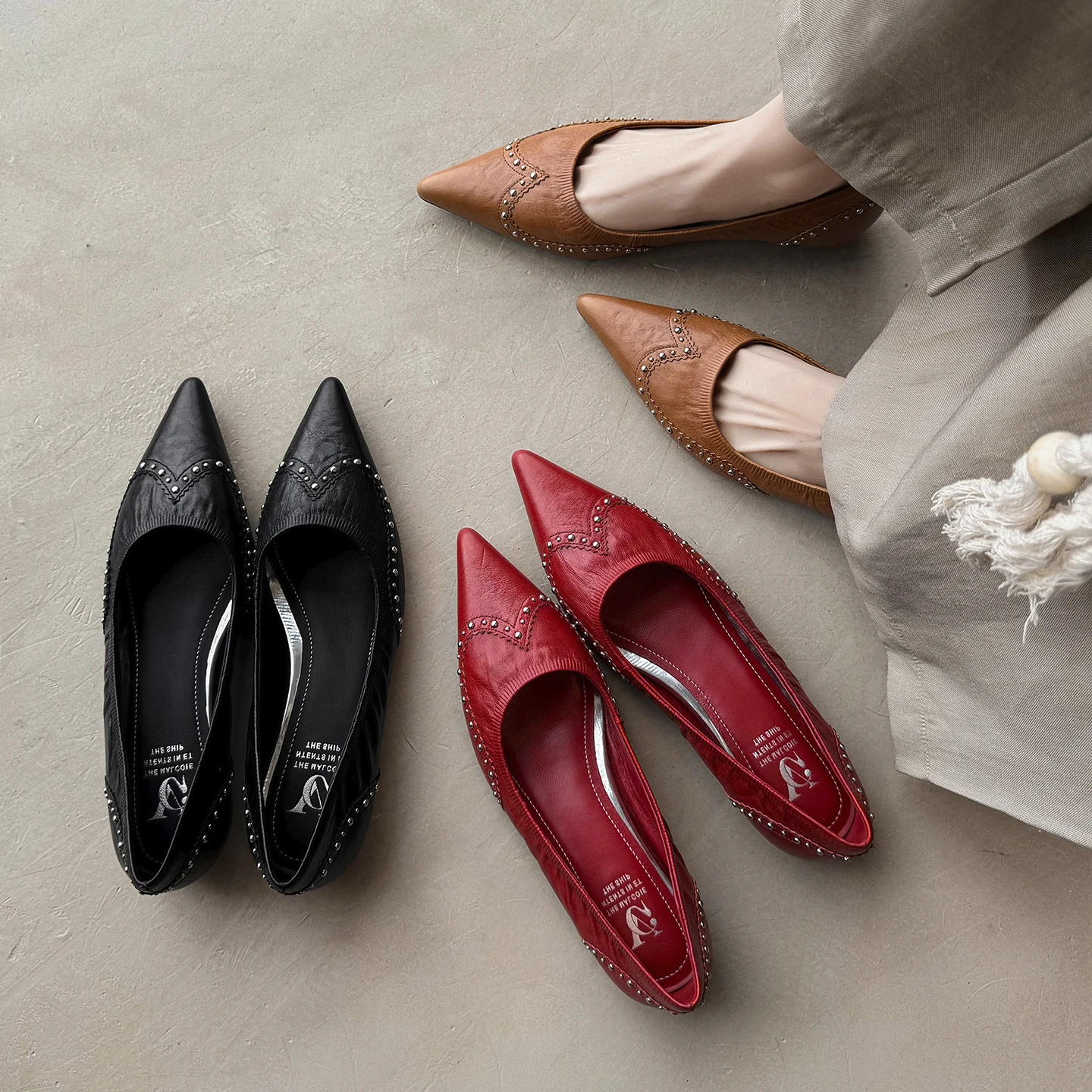 

Genuine Leather Pointed Toe Flats Studded Soft Sole Pumps Low Heel Office Work Comfortable Casual Shoes for Women