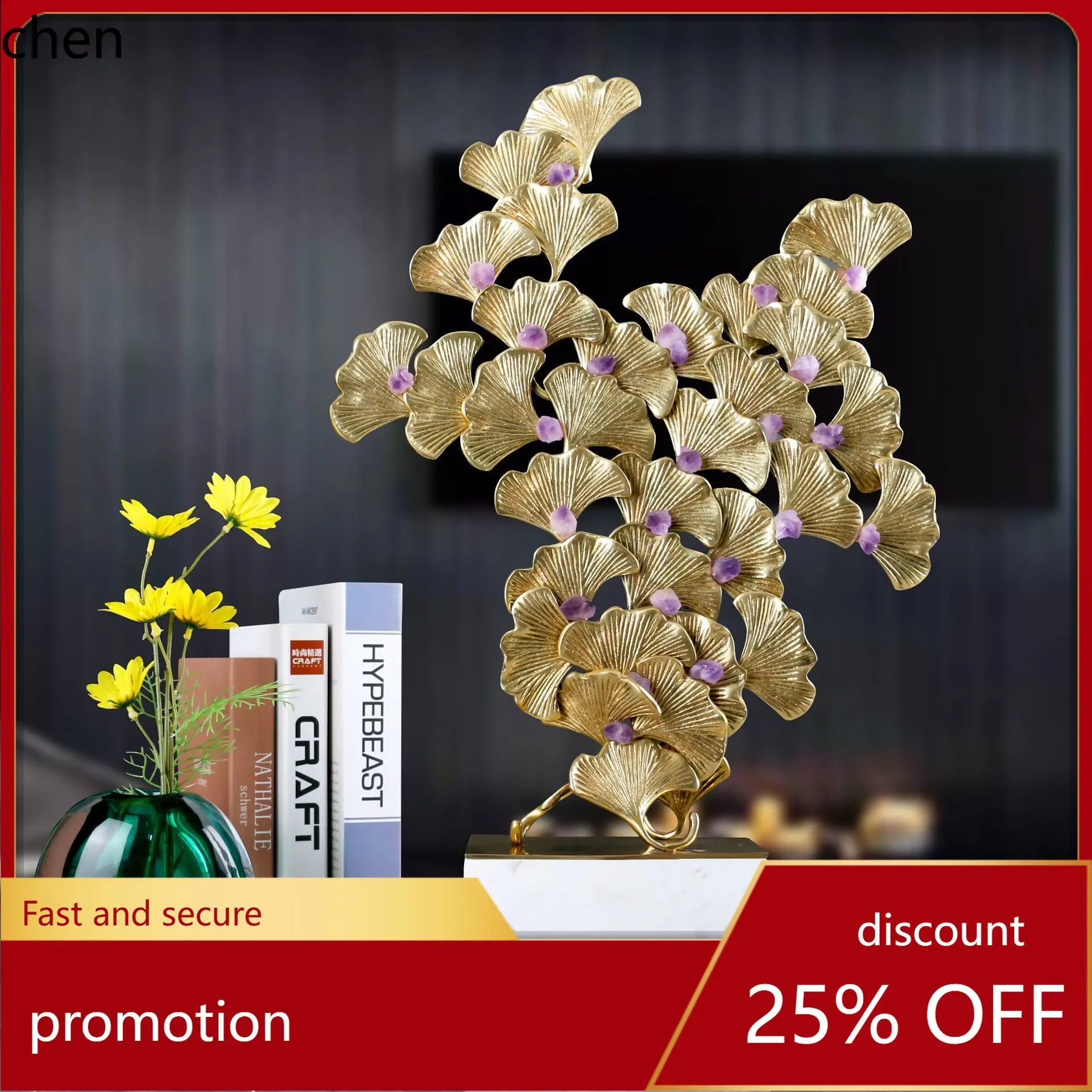 H1 modern copper ginkgo leaf marble ornament - decorative accent for entryway, wine cabinet, or tv console