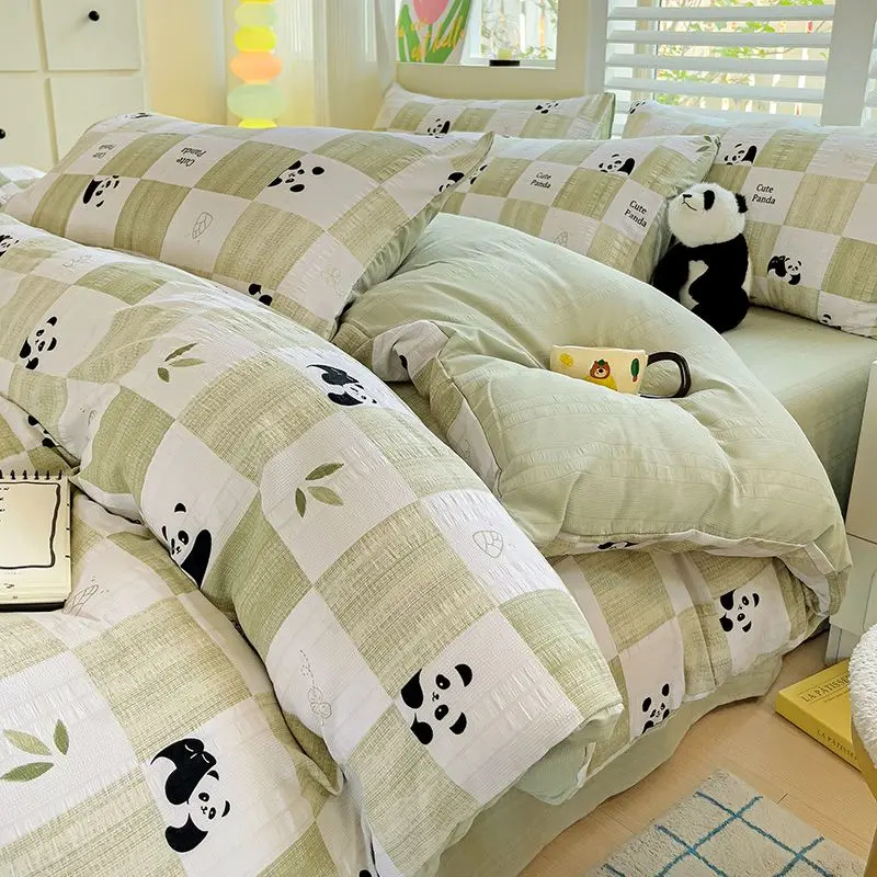 

Cute Cartoon Panda Bedding Set Pastoral Floral Duvet Cover Pillowcase Flat Sheet Kids Adults Home Decor Washed Cotton Bedspread