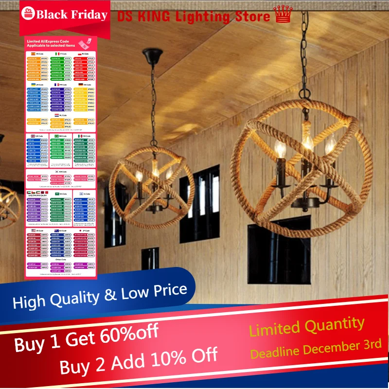 

Hot Sale Round Rope Pendant Lamp Dining Room Decor Vintage Light Hanging Ceiling Lamps Fixtures Chandelier Industrial Style