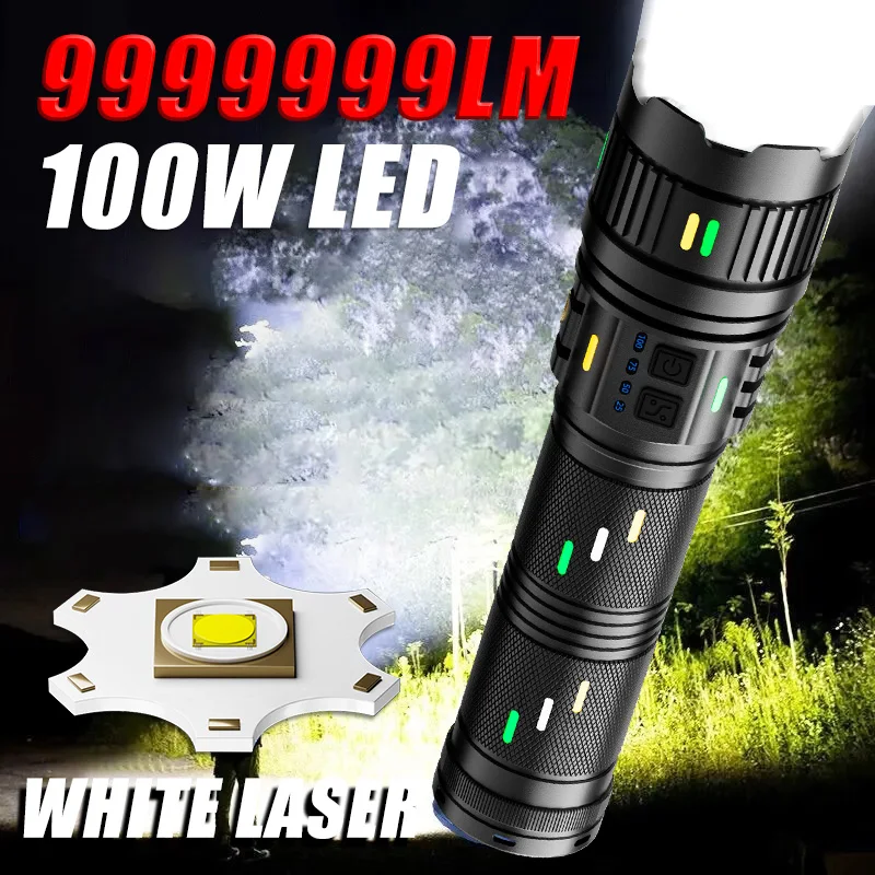 100W Most Powerful LED Flashlight Type-c Rechargeable Zoom White Laser Tactical Torch Hand Lamp Outdoor Hunting Camping Lantern