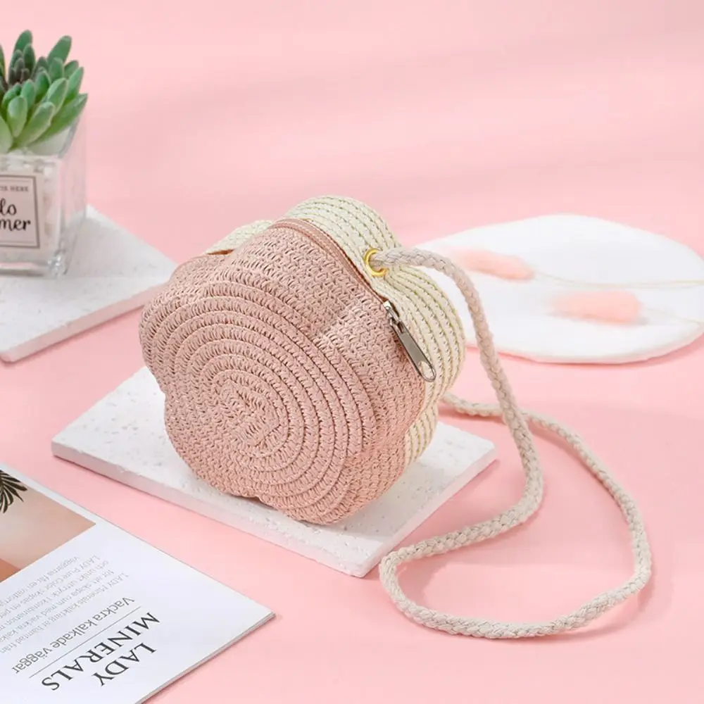 

Fashion Flower Woven Crossbody Bag Children's Straw Shoulder Bags Bicolor Beach Bag Coin Purse Hat Shape Bag